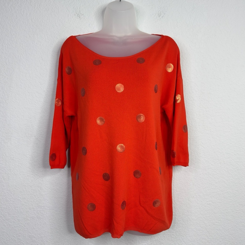 Alberto Makali Sweater Women L Red Orange Polka Dot Embellished Artsy Bold Tunic